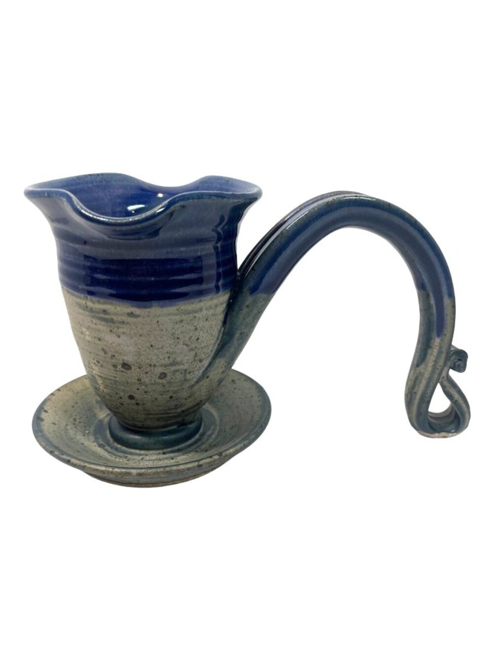 Handcrafted Ceramic Unique Pitcher or Gravy Boat Blue & Gray Glaze with Scroll H